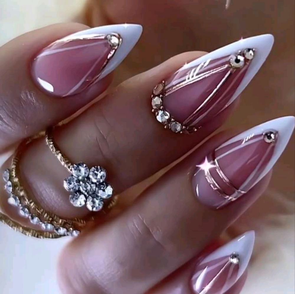 PINK AND WHITE FRENCH TIPS COLOR BLOCK ACCENTS LONG ALMOND GLITTER PRESS…